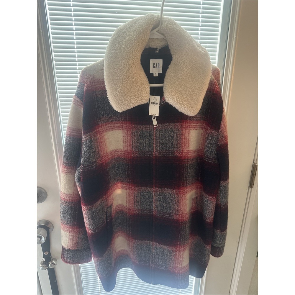 GAP  Wool Blend Zip Collar Fur Red Blue Plaid Jacket Coat Size M-NEW